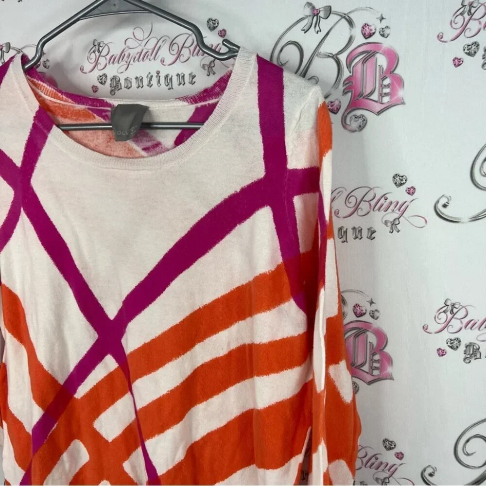 Evolution by Cyrus top long sleeve plaid pink orange white Vibrant Geometric Top